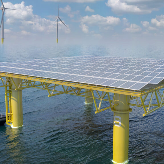 seavolt solar panels standing on a floating yellow platform at sea