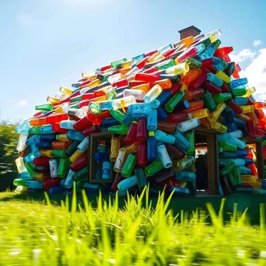 Een klein huisje, opgebouwd uit kleurrijke gerecyclede plastic flessen, staat in een groen veld en symboliseert innovatieve recyclagemethoden voor thermoplastisch afval in de bouw.