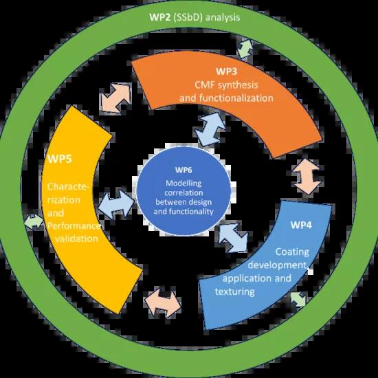 Schema van aanpak voor het BIOSUPHYOL-industrieel onderzoeksproject naar biogebaseerde en PFAS-vrije coatings, met werkpakketten voor ontwerp, synthese, coatingontwikkeling, prestatievalidatie en modellering.