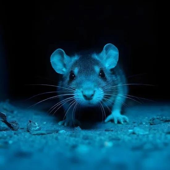 Close-up van een rat in een donkere omgeving, belicht met blauw licht. Beeldsymboliek voor de circulaire samenwerking tussen Strygoo en maatwerkbedrijf Lidwina voor herstel van slimme rattenvallen.