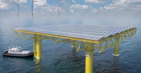 seavolt zonnepanelen dat op een drijvend geel plateau staan op zee