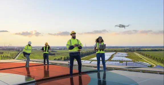 Engineers on a solar panel roof using drones and advanced technology, representing sustainable practices and innovation for the Factory of the Future.