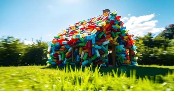 A small house built from colorful recycled plastic bottles stands in a green field, representing innovative recycling methods for thermoplastic waste in construction.