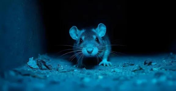 Close-up of a rat in a dark setting illuminated with blue light. Symbolic image for the circular collaboration between Strygoo and Lidwina on repairing smart rat traps.