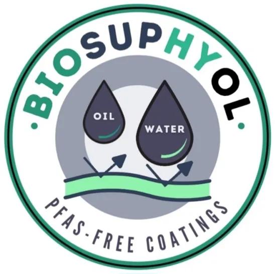 Logo van het industrieel onderzoeksproject BIOSUPHYOL, gericht op PFAS-vrije en biogebaseerde superhydrofobe en oleofobe coatings, met druppels olie en water en een groene coatinglaag.