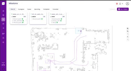 Screenshot of  an overview of current missions and floor plan in the Meili software