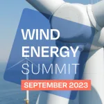 Close up wind turbine at sea with logo of Wind Energy Summit 2023